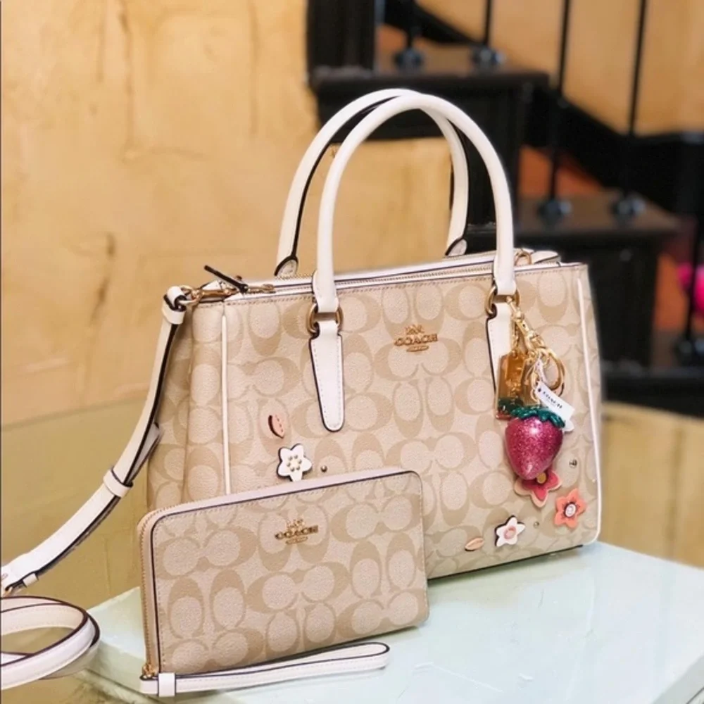 Coach signature floral satchel+wallet+charm set